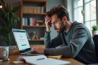 Homme frustré devant une erreur de connexion sur un service cloud depuis son bureau à domicile