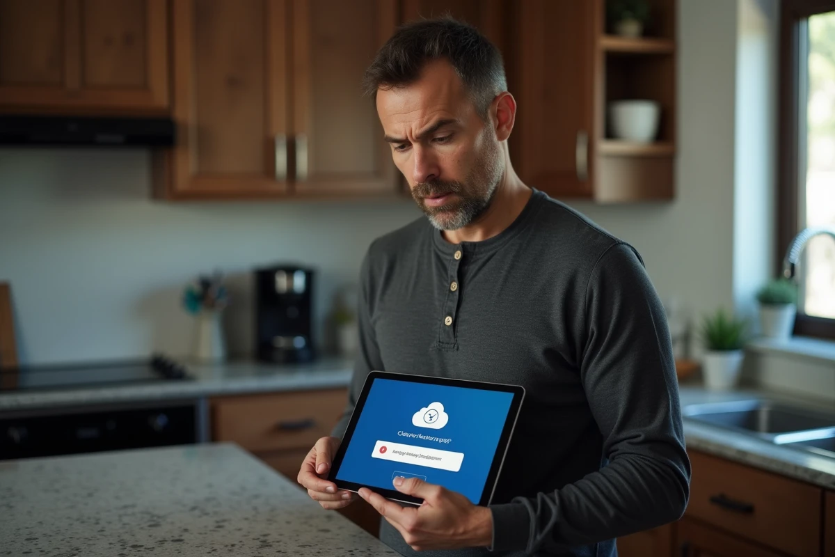 Homme dans une cuisine consultant une erreur de reconnexion sur une application cloud depuis sa tablette
