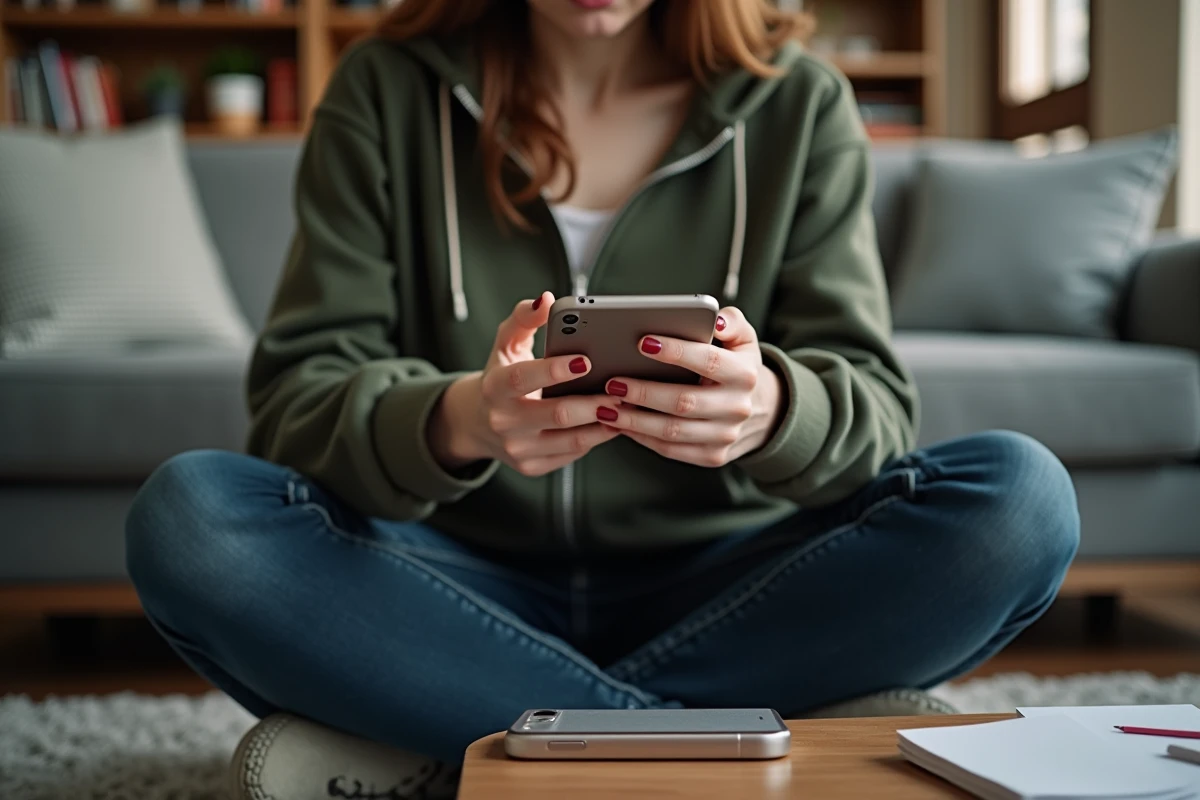 Jeune femme anxieuse face à un message d'erreur lors de la restauration de SMS sur iPhone
