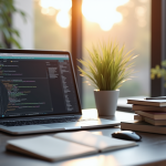 Espace de travail moderne avec ordinateur et livres de programmation