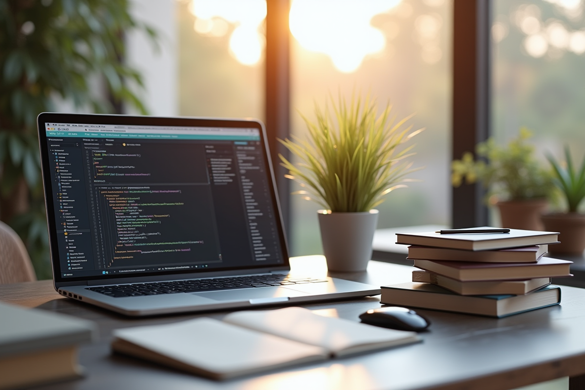 Espace de travail moderne avec ordinateur et livres de programmation
