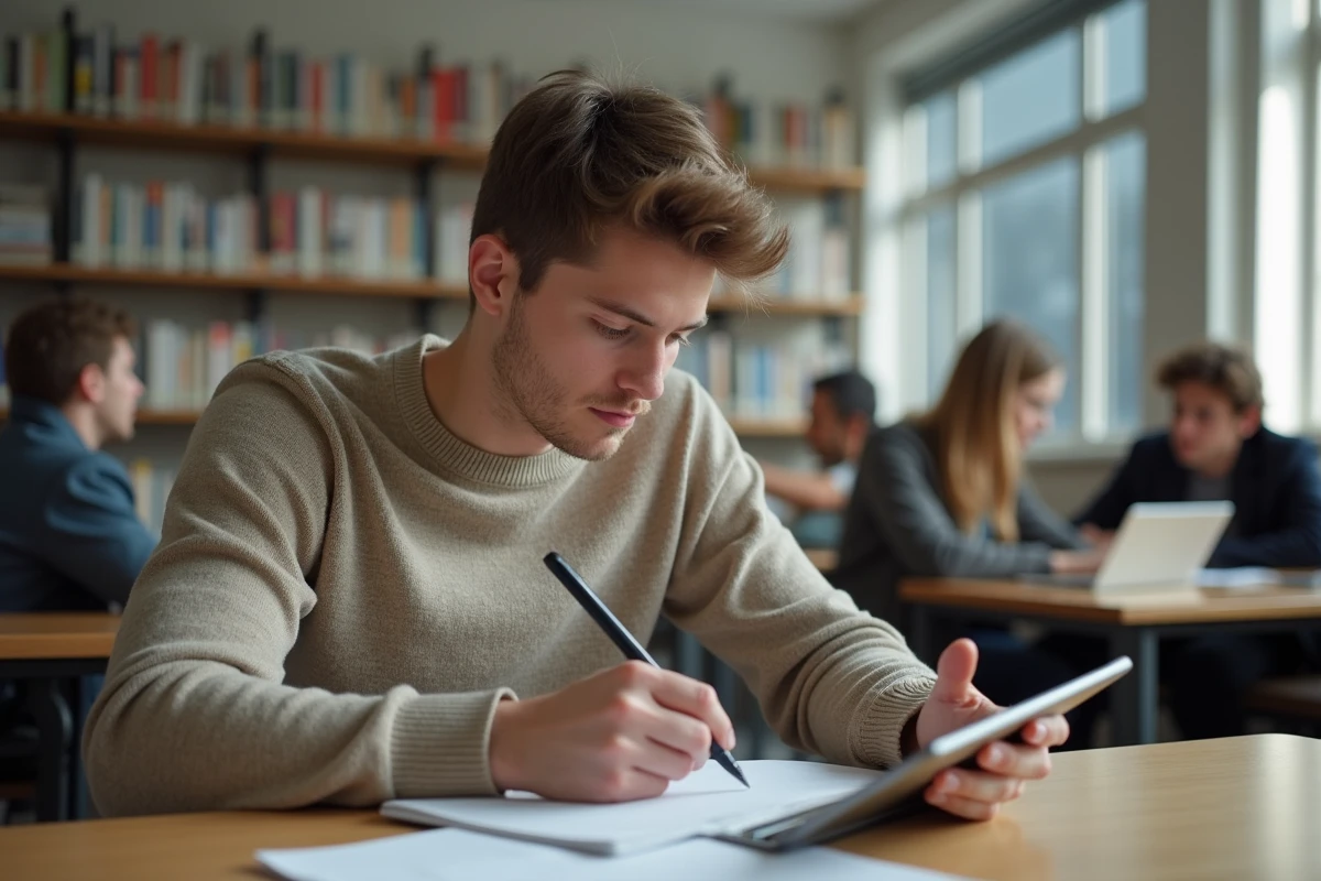 Etudiant en bibliothèque étudiant ses notes sur une tablette