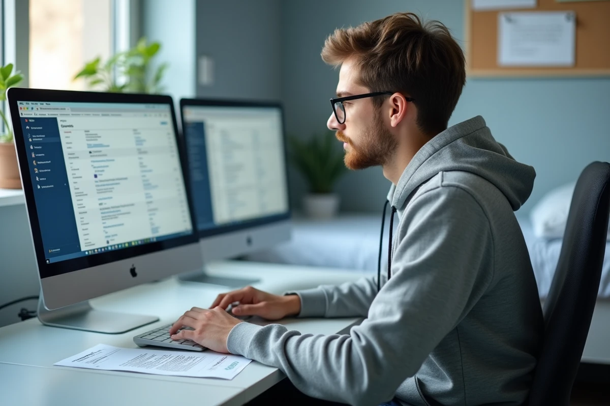 Étudiant consultant un tutoriel pour sa première connexion au webmail ac-Grenoble dans sa chambre universitaire