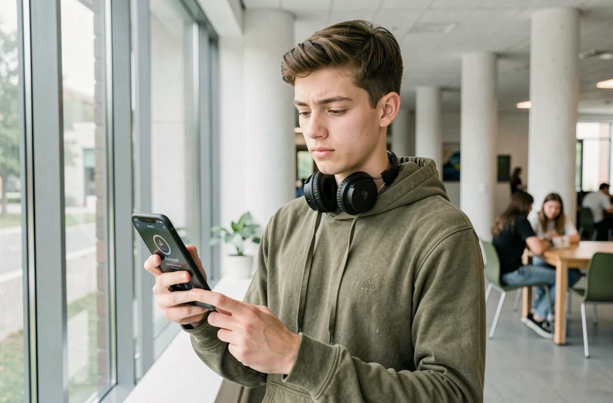 Étudiant consultant son webmail Unicaen sur smartphone dans un espace commun universitaire avec temps de chargement lent