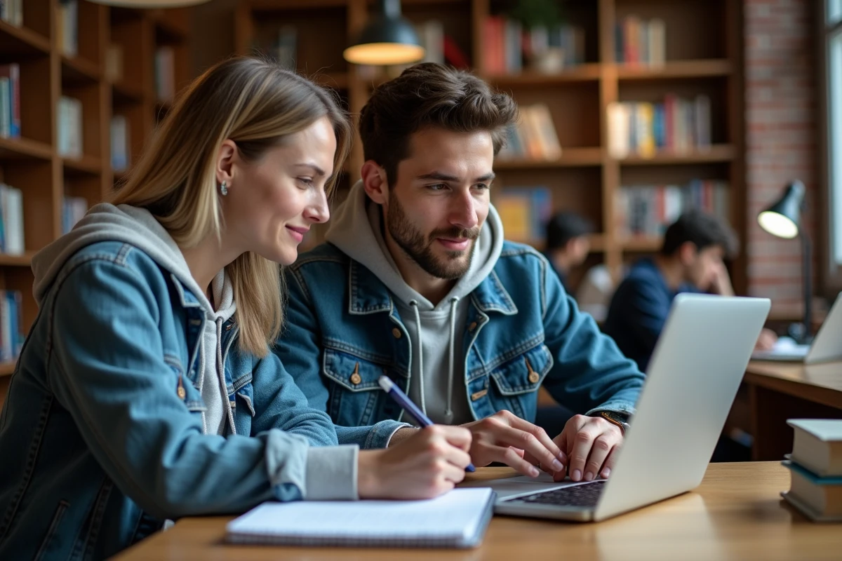 Deux étudiants universitaires collaborant sur la configuration des filtres et redirections de messagerie Zimbra en bibliothèque