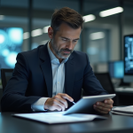 Homme d'âge moyen étudie la robotique avancée sur une tablette