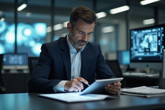 Homme d'âge moyen étudie la robotique avancée sur une tablette