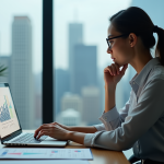 Femme professionnelle analysant des KPI sur son ordinateur