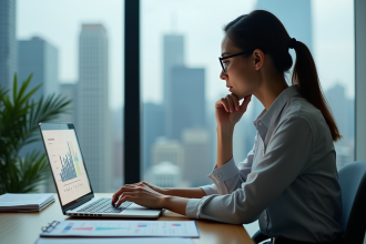 Femme professionnelle analysant des KPI sur son ordinateur
