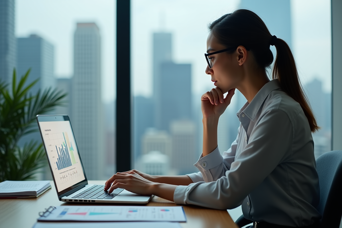 Femme professionnelle analysant des KPI sur son ordinateur