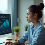 Jeune femme professionnelle analysant des données SEO sur deux écrans