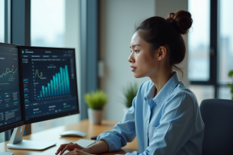 Jeune femme professionnelle analysant des données SEO sur deux écrans