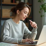 Femme pointant le bouton actualiser dans Google Chrome sur un ordinateur portable dans un bureau à domicile