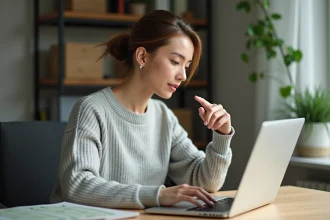 Femme pointant le bouton actualiser dans Google Chrome sur un ordinateur portable dans un bureau à domicile
