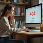 Jeune femme regardant un écran avec erreur 404 dans un bureau cosy
