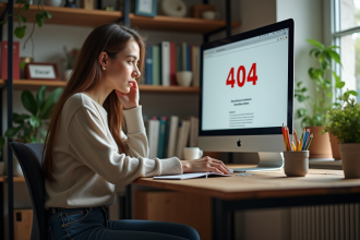 Jeune femme regardant un écran avec erreur 404 dans un bureau cosy
