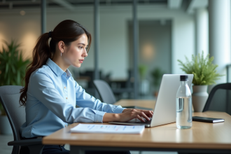 Jeune femme concentrée utilisant Excel sur son ordinateur au bureau