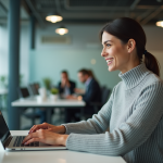 Femme au bureau utilisant un chatbot sur son ordinateur