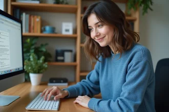 Jeune femme au bureau utilisant un raccourci d'impression