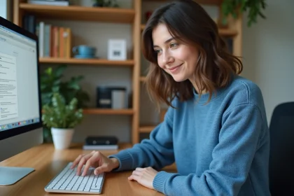 Jeune femme au bureau utilisant un raccourci d'impression