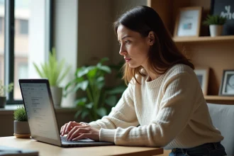Femme assise au bureau regardant son écran d'ordinateur