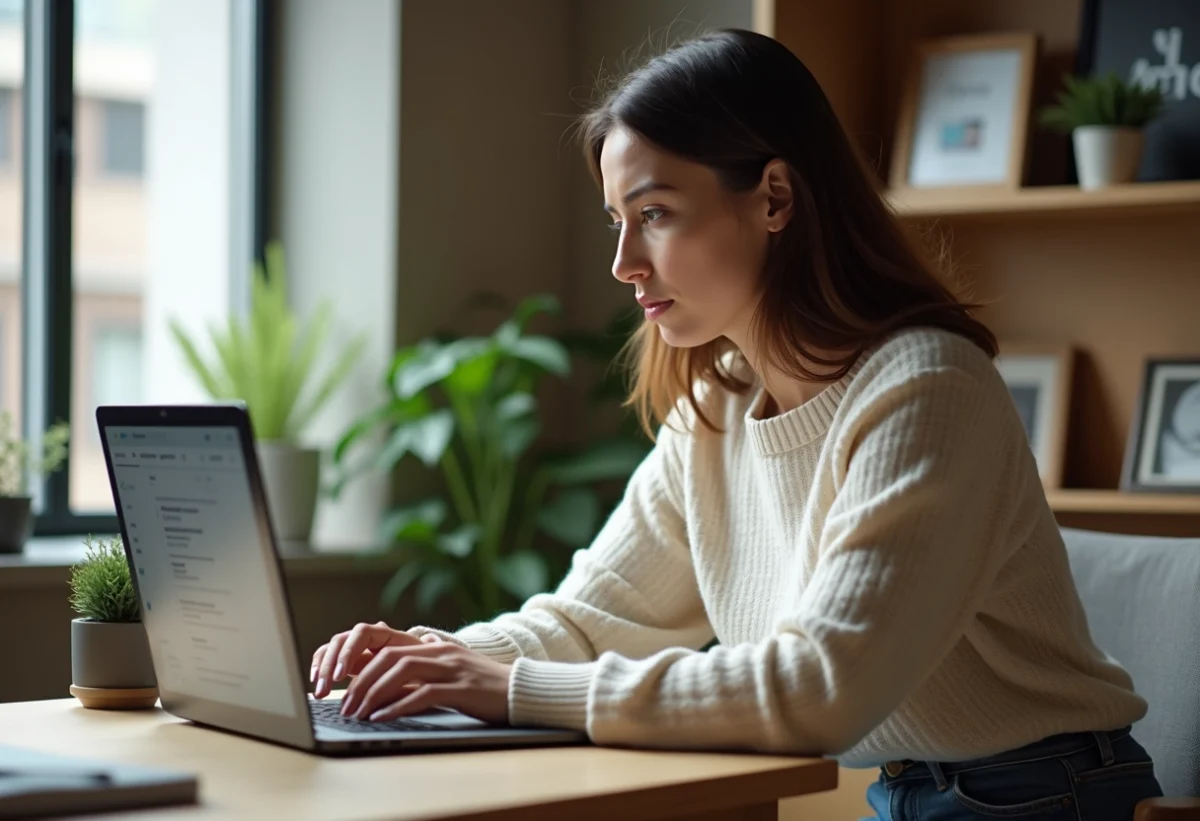 Femme assise au bureau regardant son écran d'ordinateur