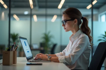Femme au bureau travaillant sur son ordinateur portable