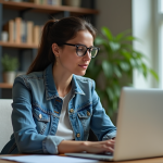 Femme en denim et lunettes travaillant sur son ordinateur dans un bureau