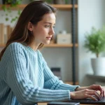Jeune femme au bureau utilisant un ordinateur portable