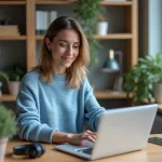 Femme en tenue décontractée travaillant sur son ordinateur dans un bureau moderne