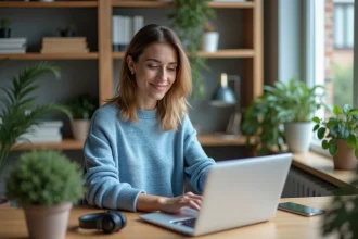 Femme en tenue décontractée travaillant sur son ordinateur dans un bureau moderne