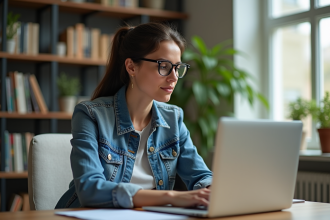 Femme en denim et lunettes travaillant sur son ordinateur dans un bureau