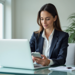 Femme professionnelle au bureau utilisant son ordinateur et smartphone