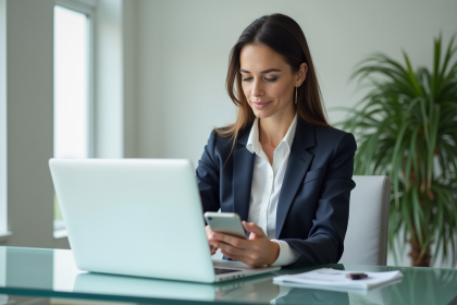 Femme professionnelle au bureau utilisant son ordinateur et smartphone