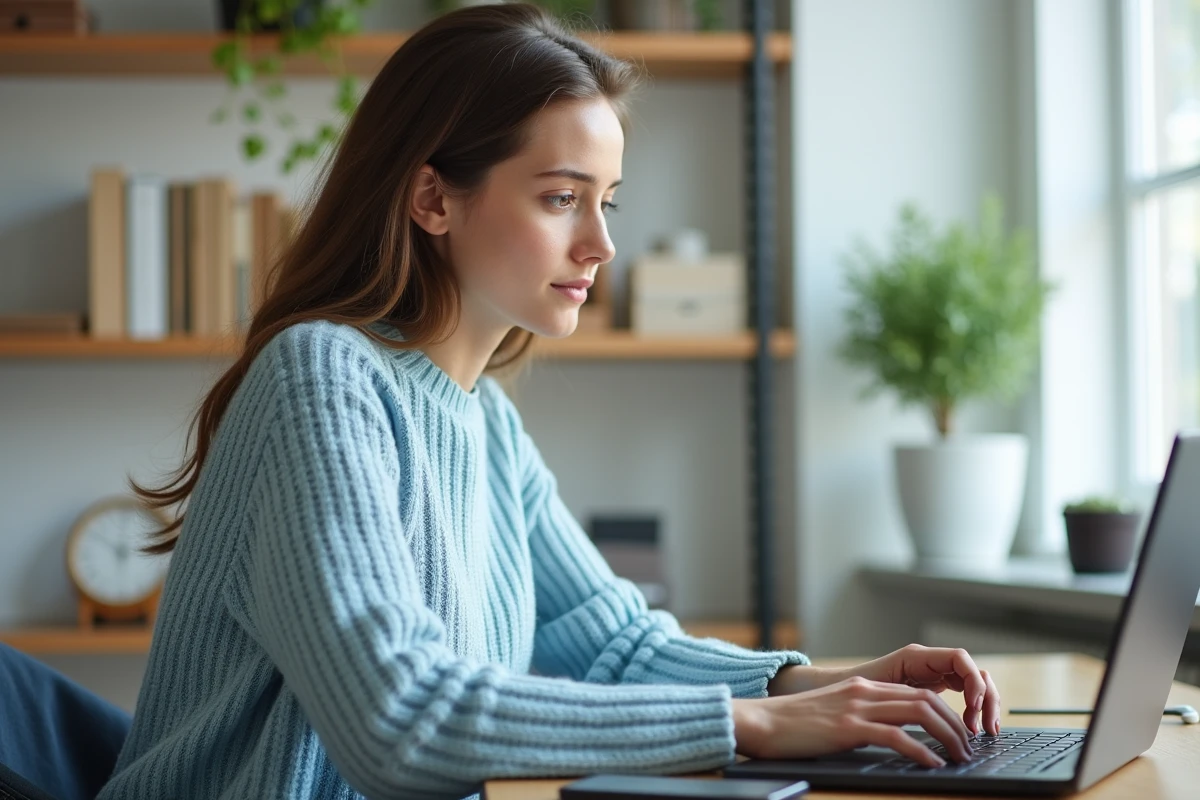 Jeune femme au bureau utilisant un ordinateur portable