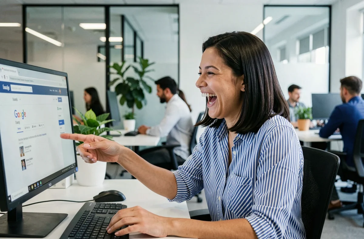 Femme hilare dans un bureau moderne face à un écran Google effectuant un Do a Barrel Roll, réaction amusée à un prank entre collègues