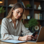 Femme en bureau à domicile utilisant smartphone et tablette