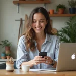 Femme souriante utilisant un smartphone recyclé à la maison