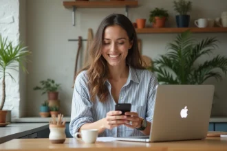 Femme souriante utilisant un smartphone recyclé à la maison