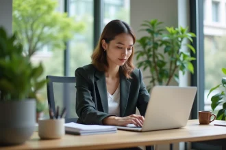 Femme d affaires au bureau utilisant son webmail