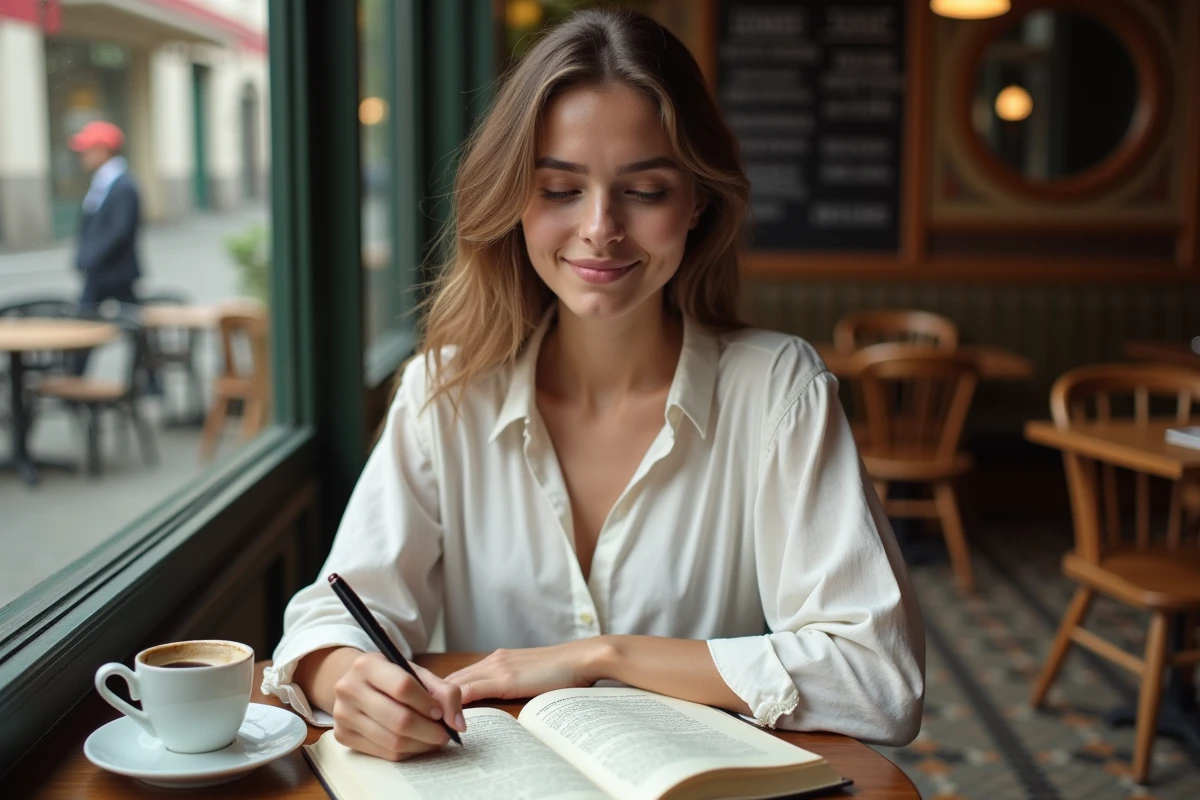 Jeune femme dans un café annotant un livre de grammaire française ouvert sur les règles des majuscules accentuées
