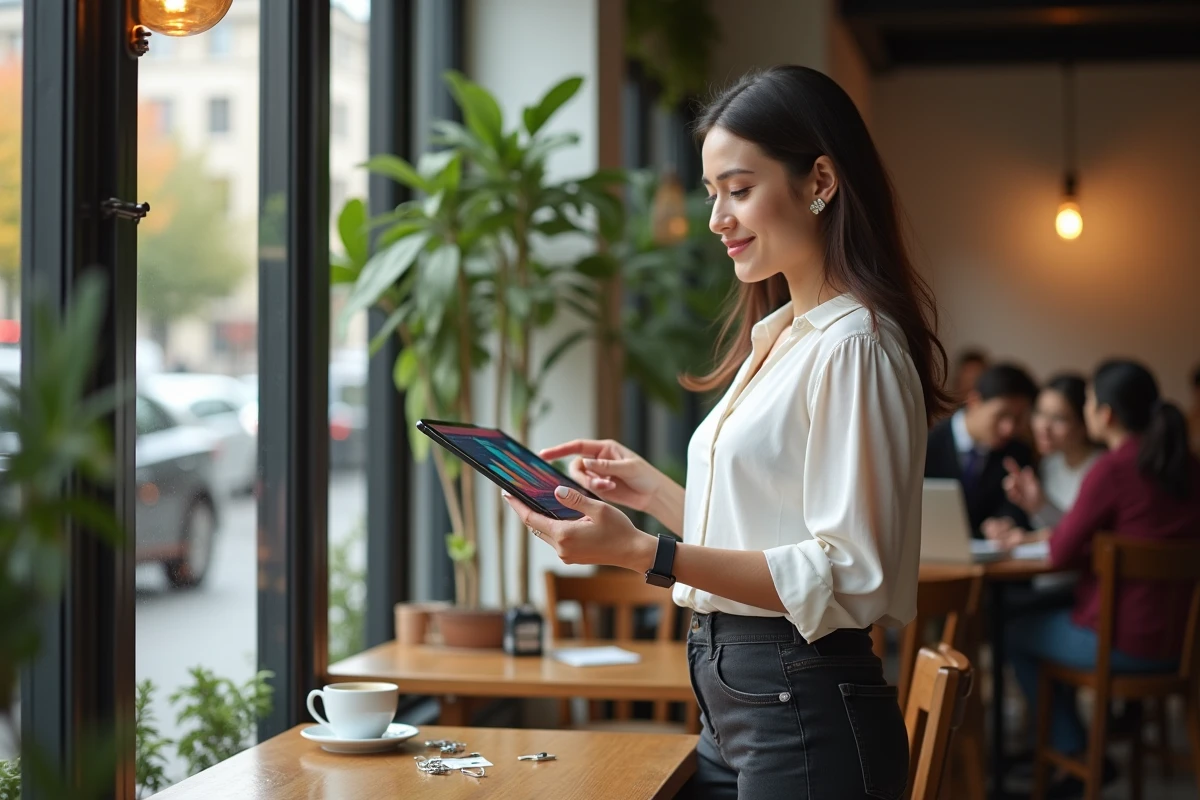 Femme expliquant une strategie de clips sur une tablette au café