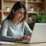 Femme tapant au clavier d'un ordinateur portable en cherchant comment écrire le É majuscule accentué
