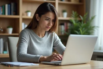 Femme tapant au clavier d'un ordinateur portable en cherchant comment écrire le É majuscule accentué
