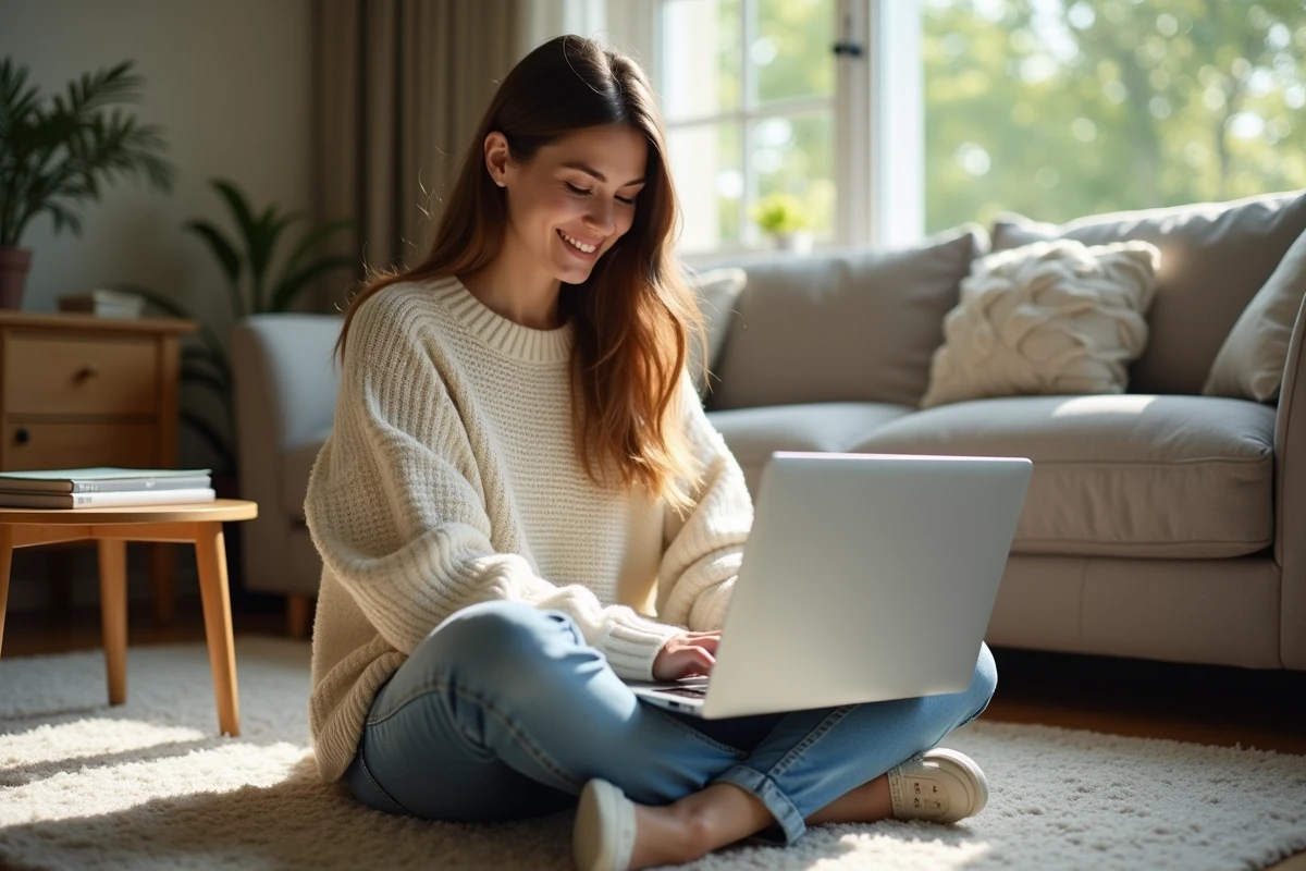 Femme souriante configurant une machine virtuelle Windows 7 à la maison
