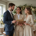 Femme en costume beige conseillant un couple de mariés dans une salle élégante