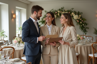 Femme en costume beige conseillant un couple de mariés dans une salle élégante