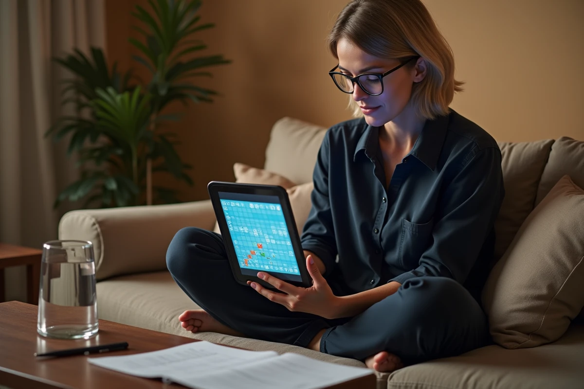 Femme adulte résolvant un démineur avancé sur tablette entourée de notes de stratégie dans un salon cosy
