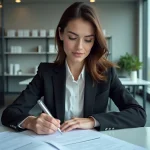 Femme professionnelle vérifiant des documents de confidentialité