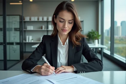 Femme professionnelle vérifiant des documents de confidentialité